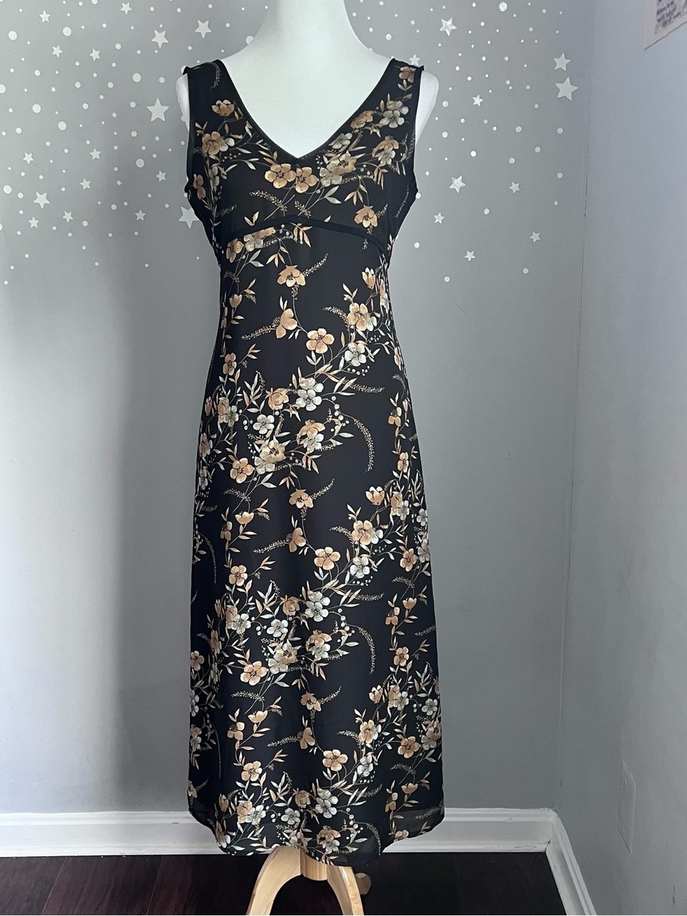Old Navy Y2K Black Tan Floral Maxi Dress Sleeveless V Neck Size 6
